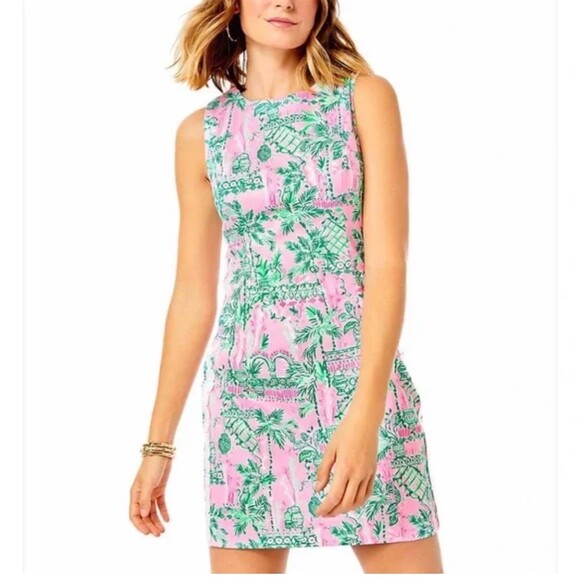 Lilly Pulitzer Mila Shift Dress Womens L Pink Green Tropical Sleeveless - Picture 2 of 9